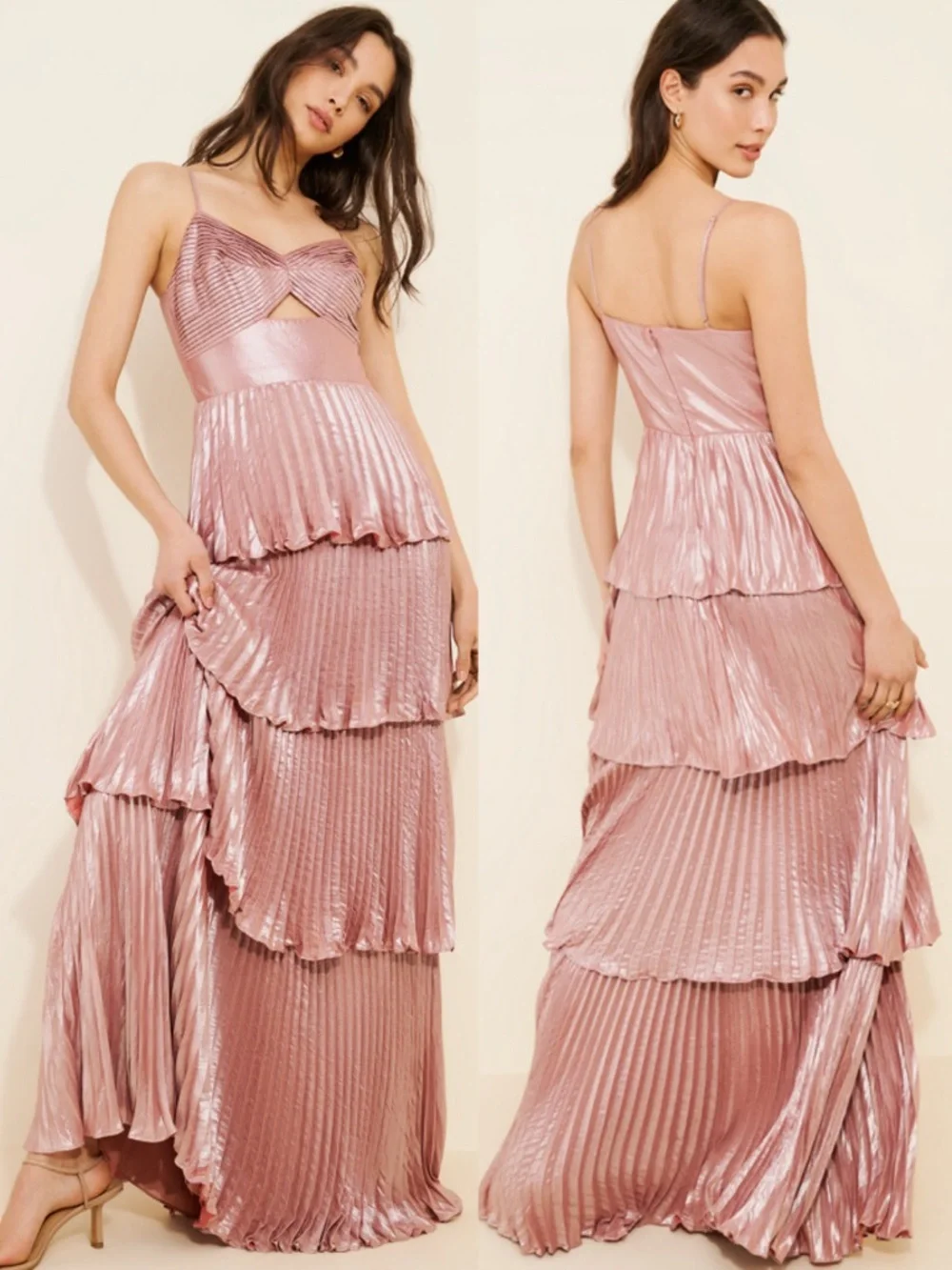 NWT Dress The Population Zahrah Tiered Pleated Rose Pink Metallic Satin Gown - Picture 3 of 10